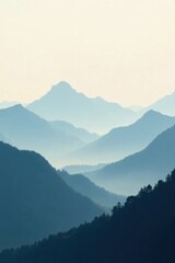 Naklejka premium Serene Blue Mountainscape A Tranquil Panorama of Rolling Hills and Verdant Slopes Under a Pale Sky