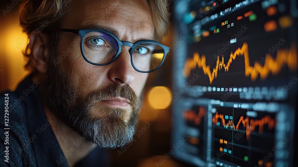 Poster focused trader analyzing live stock market graphs on computer monitor for strategic investment plann