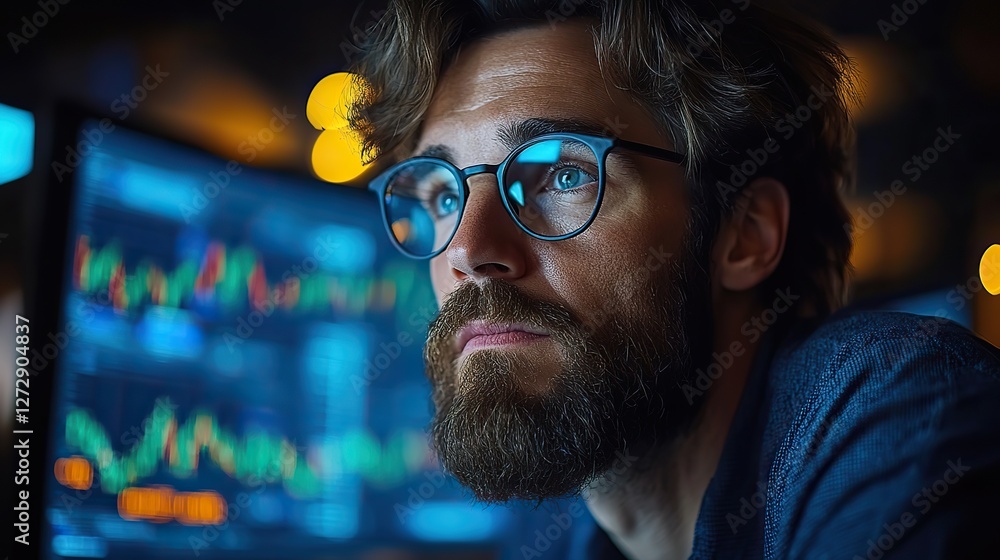 Poster focused trader analyzing live stock market graphs on computer monitor for strategic investment plann