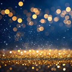 A stunning abstract background featuring dark blue hues with shimmering gold particles and dynamic light effects.