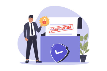 Illustration of Confidential document. Privacy and secure data. Protect of document with padlock. Illustrations for websites, landing pages, mobile apps, posters and banners