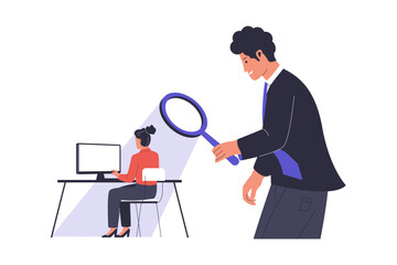 Illustration of micromanaging concept. Boss using magnifying glass keeps eye on employees work. Toxic manager monitoring every detail. Illustrations for websites, landing pages, mobile apps, posters a