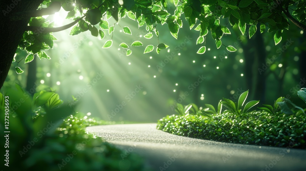 Poster a narrow road winding its way through a dense forest, dappled sunlight filtering through the canopy 