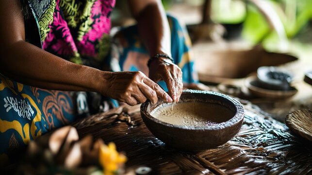 A person preparing kava using traditional methods in a home kitchen.
