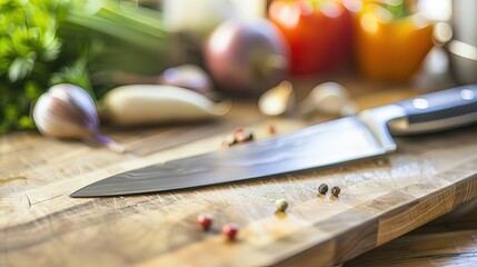 Sharp kitchen knife on wooden cutting board with vegetables, symbolizing danger and tension in culinary or suspenseful context. Focus on precision and risk in food preparation or dramatic scenarios.