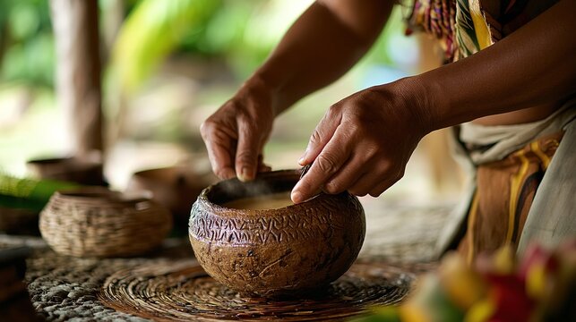 A person preparing kava using traditional methods in a home kitchen.