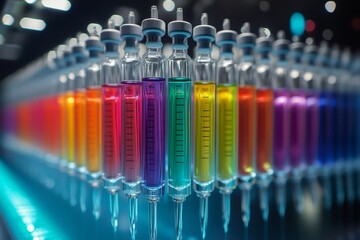 Laboratory equipment containing colorful liquids forming a gradient