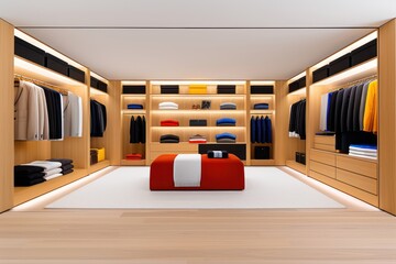 Spacious walk-in closet with white rug and abundance of clothes