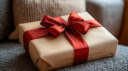 Gift box with red ribbon on couch, cozy living room background