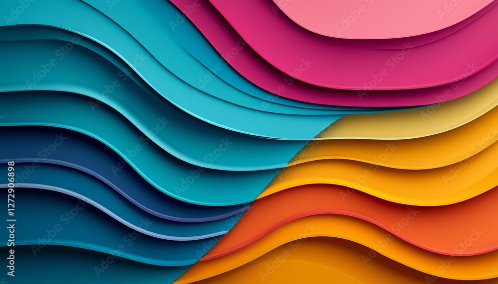 Poster colorful layered paper waves create a dynamic and vibrant visual experience.