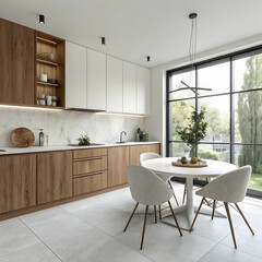 A sleek modern kitchen interior featuring wooden cabinets, refined countertops, and stylish lighting for a warm ambiance.