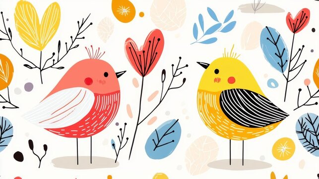 Colorful illustration of birds and flowers in a whimsical pattern for cheerful decor.