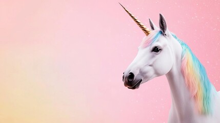 A majestic unicorn with a shimmering mane and golden horn against a soft pink backdrop.