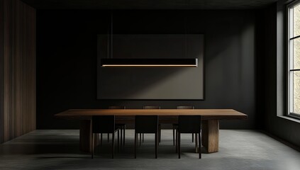 Dark modern dining room with wooden table and black chairs