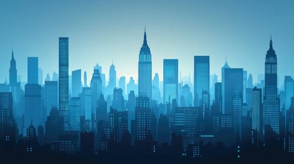 Naklejka premium A cityscape featuring iconic skyscraper silhouettes illuminated by the soft glow of twilight