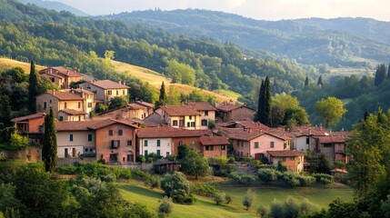 Picturesque Tuscany village nestled on rolling hills during golden hour