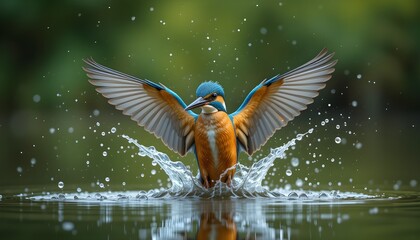 Obraz premium Kingfisher in Action – Emerging from Water with Wings Spread Wide
