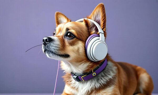 Brown Chihuahua Puppy Wearing White Headphones Against Purple Background
