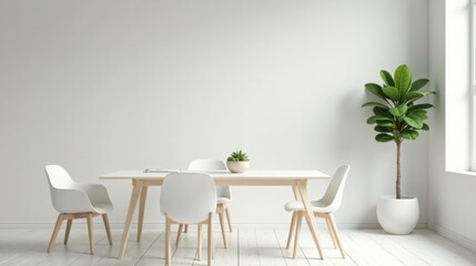Fototapeta premium Minimalist Dining Room Interior Design with Modern White Table and Chairs, and Potted Plant