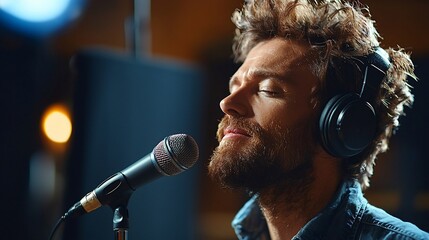 Man singing into microphone in recording studio.