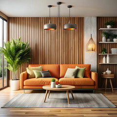 Fototapeta premium A stylish modern living room featuring an orange sofa, wooden accents, and a cozy, elegant atmosphere.