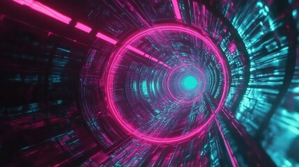 Fototapeta premium A futuristic neon fractal swirl, radiating in vibrant pink and cyan, floating in deep space.