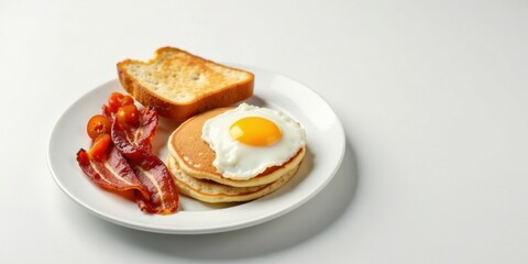 A delicious breakfast plate featuring fluffy pancakes, a sunny-side-up egg, crispy bacon strips, and a slice of toasted bread, all arranged artfully on a white plate.