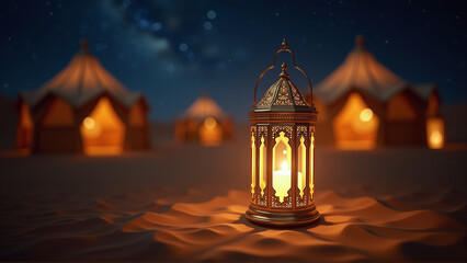 Obraz premium Luminous decorative metal lantern, Arabic accessories and decorations, Islamic art, traditional Islamic antiques to celebrate the coming of the month of goodness, lights and decorations islam