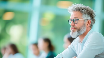 A university professor leading a lively discussion in a seminar, encouraging critical thinking and debate amongst their students.