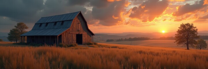 Fototapeta premium Serene sunset over a rustic barn in a golden field, perfect for nature, rural lifestyle, and agricultural themes.