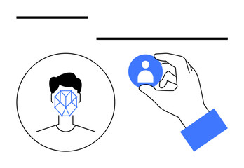 Hand holding blue user profile icon, head with facial recognition grid. Ideal for biometrics, identity verification, privacy, security, tech, AI futuristic themes. Abstract line flat metaphor