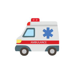 Vector illustration of ambulance car. Emergency medical vehicle side view. 