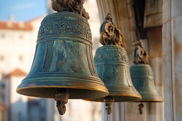 Obraz premium Three bronze bells hanging and waiting to ring in Dubrovnik, Croatia