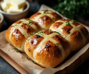 Freshly baked hot cross buns garnished with parsley lying on wooden tray