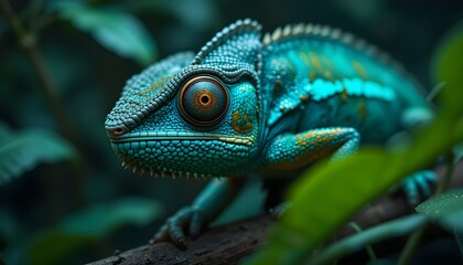 Obraz premium Vibrant Turquoise Chameleon on a Branch – Hyper-Realistic Wildlife Portrait