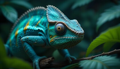 Fototapeta premium Vibrant Turquoise Chameleon on a Branch – Hyper-Realistic Wildlife Portrait