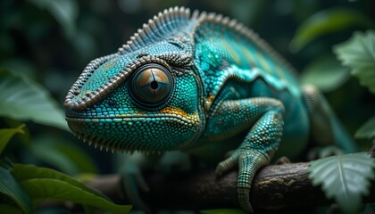 Fototapeta premium Vibrant Turquoise Chameleon on a Branch – Hyper-Realistic Wildlife Portrait