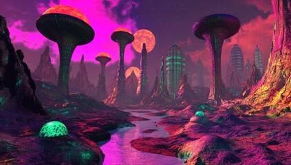 Alien city landscape, futuristic structures, glowing mushrooms, vibrant sunset