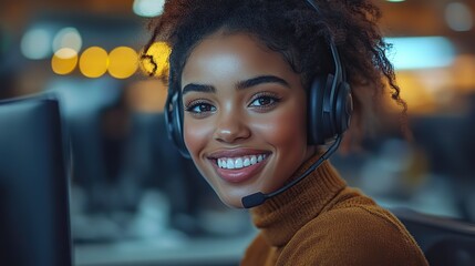 friendly customer support representative with headset smiling while working on a computer in a professional office setting offering excellent service,communication assistance