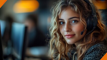 friendly female customer service representative working on computer in a professional office environment providing expert assistance through a helpline showcasing modern remote support