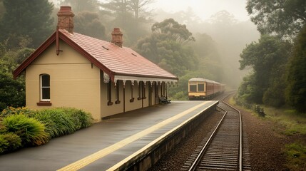 Misty morning train arriving at a quaint, secluded station.