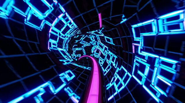 Futuristic tunnel with neon blue patterns, captured from a first-person perspective, resembling a sci-fi video game experience.