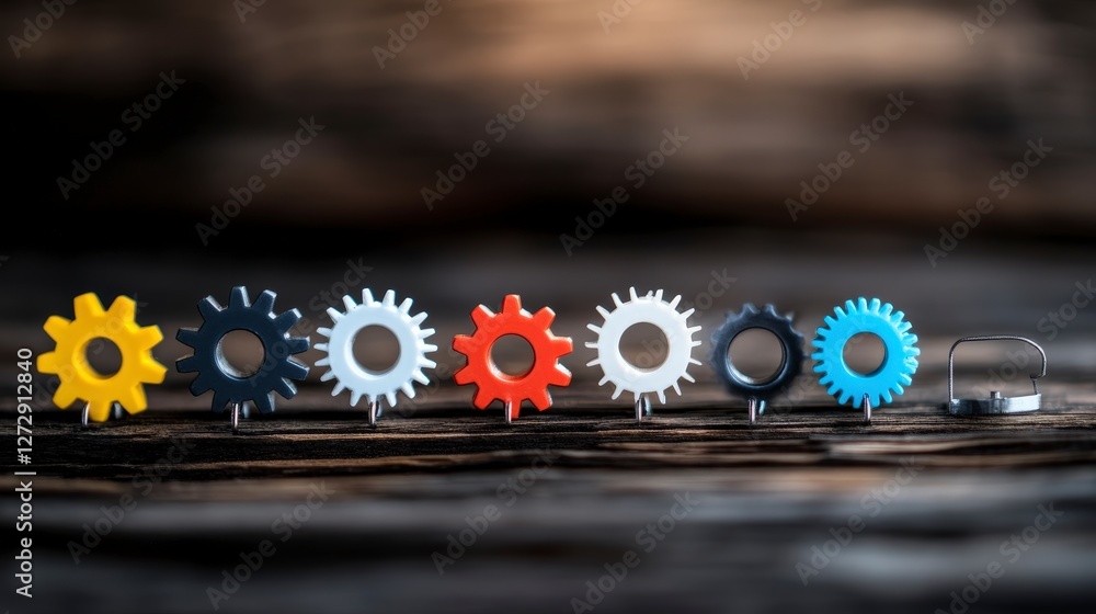 Aufkleber colorful gears lined up on a wooden surface creating an interesting abstract pattern for creative pr