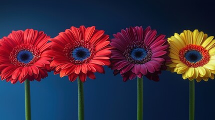 Trio of exquisite flowers neatly aligned in a row, showcasing their unique colors and forms
