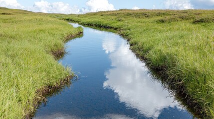 Obraz premium Calm stream reflecting clouds, green grass, hill landscape