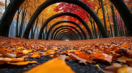 Arched trees create a tunnel effect along an autumn path