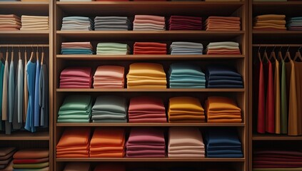 Organized clothing stacked on shelves in a walk-in closet