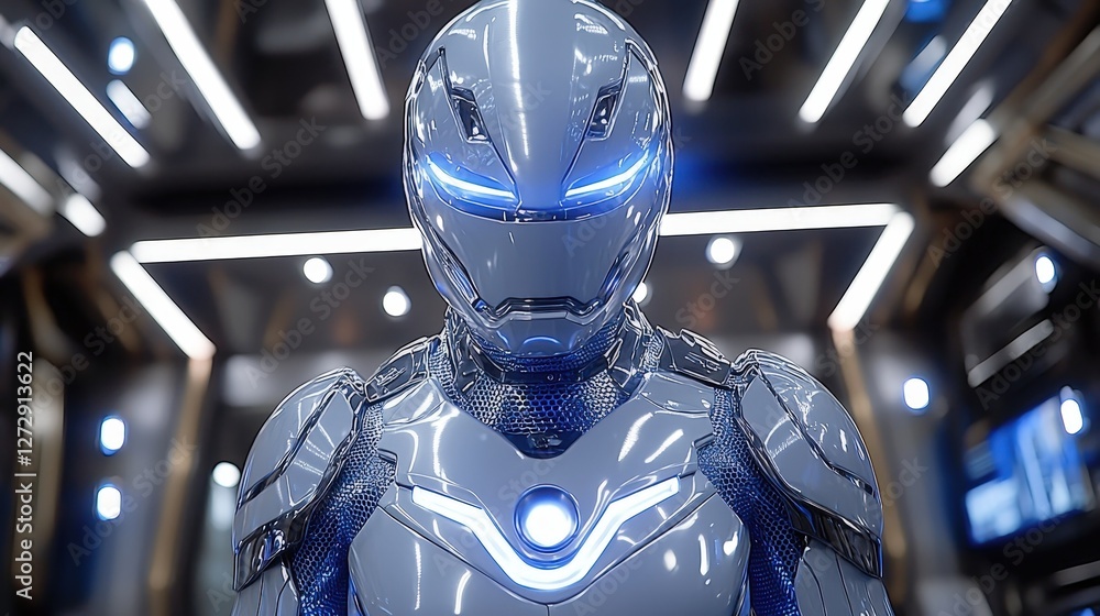 Poster futuristic robot standing in a dimly lit room with a bright light creating an intriguing atmosphere