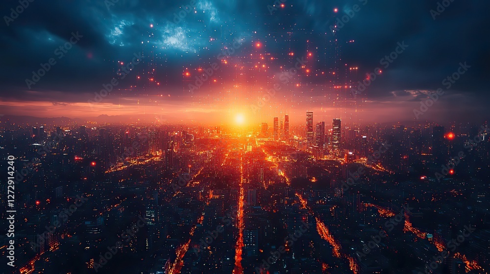 Poster futuristic ai driven smart city management cyborg entity orchestrating urban infrastructure through 