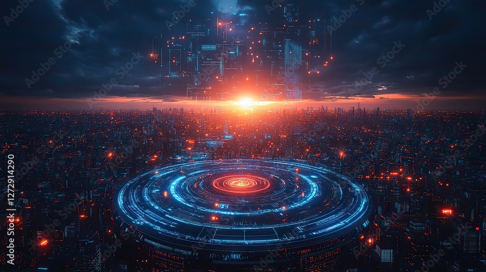 Aufkleber futuristic ai driven smart city management cyborg entity orchestrating urban infrastructure through 